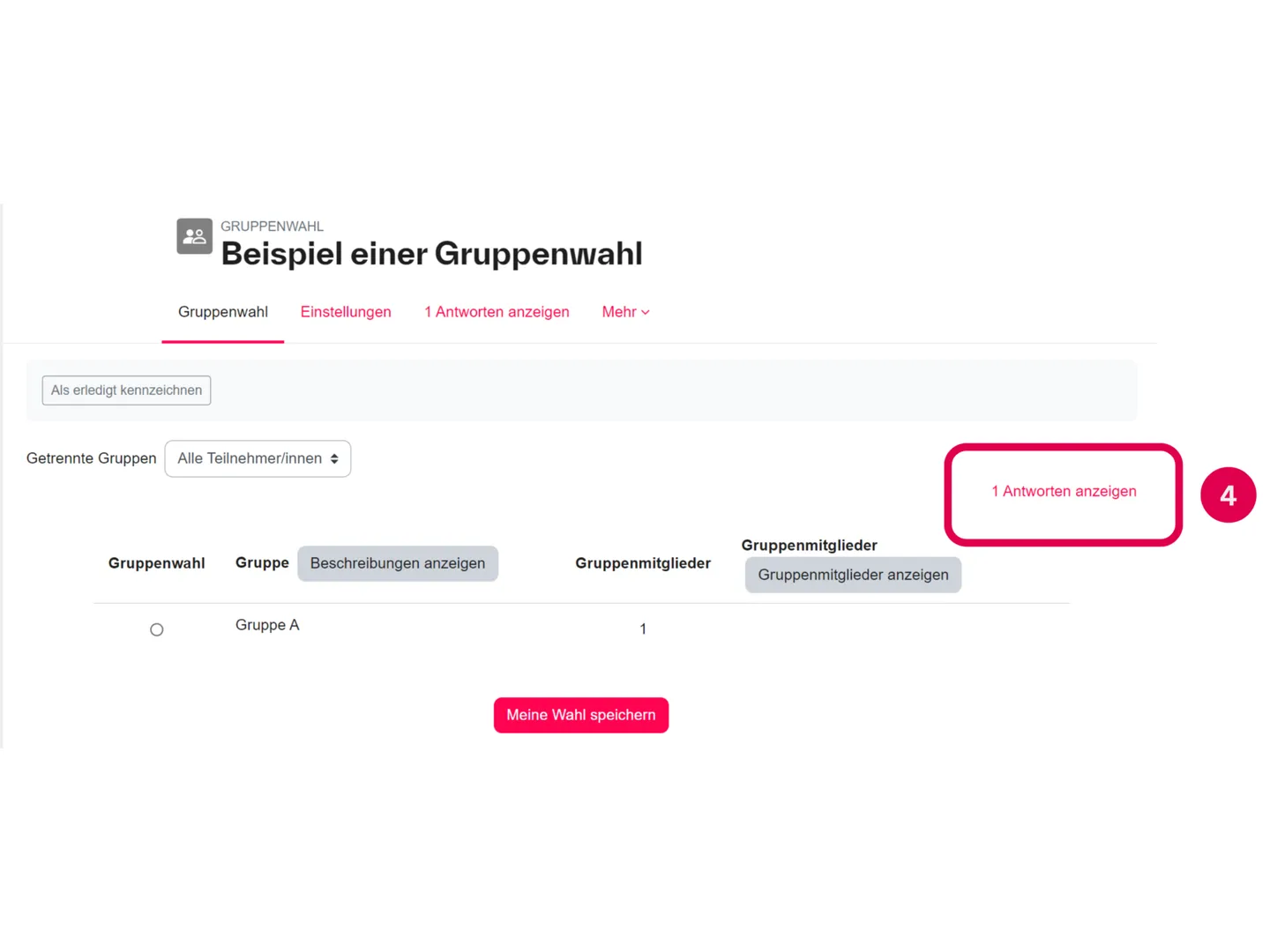 Screenshot der Ergebnisliste einer Moodle-Gruppenwahl
