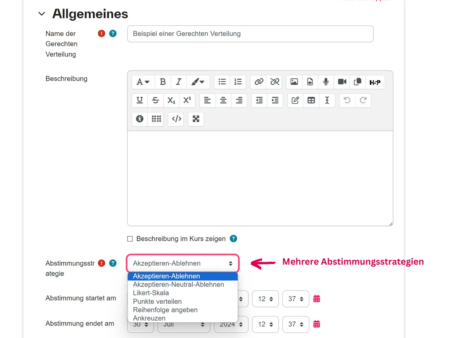 Screenshot der Moodle-Aktivität Gerechte Verteilung