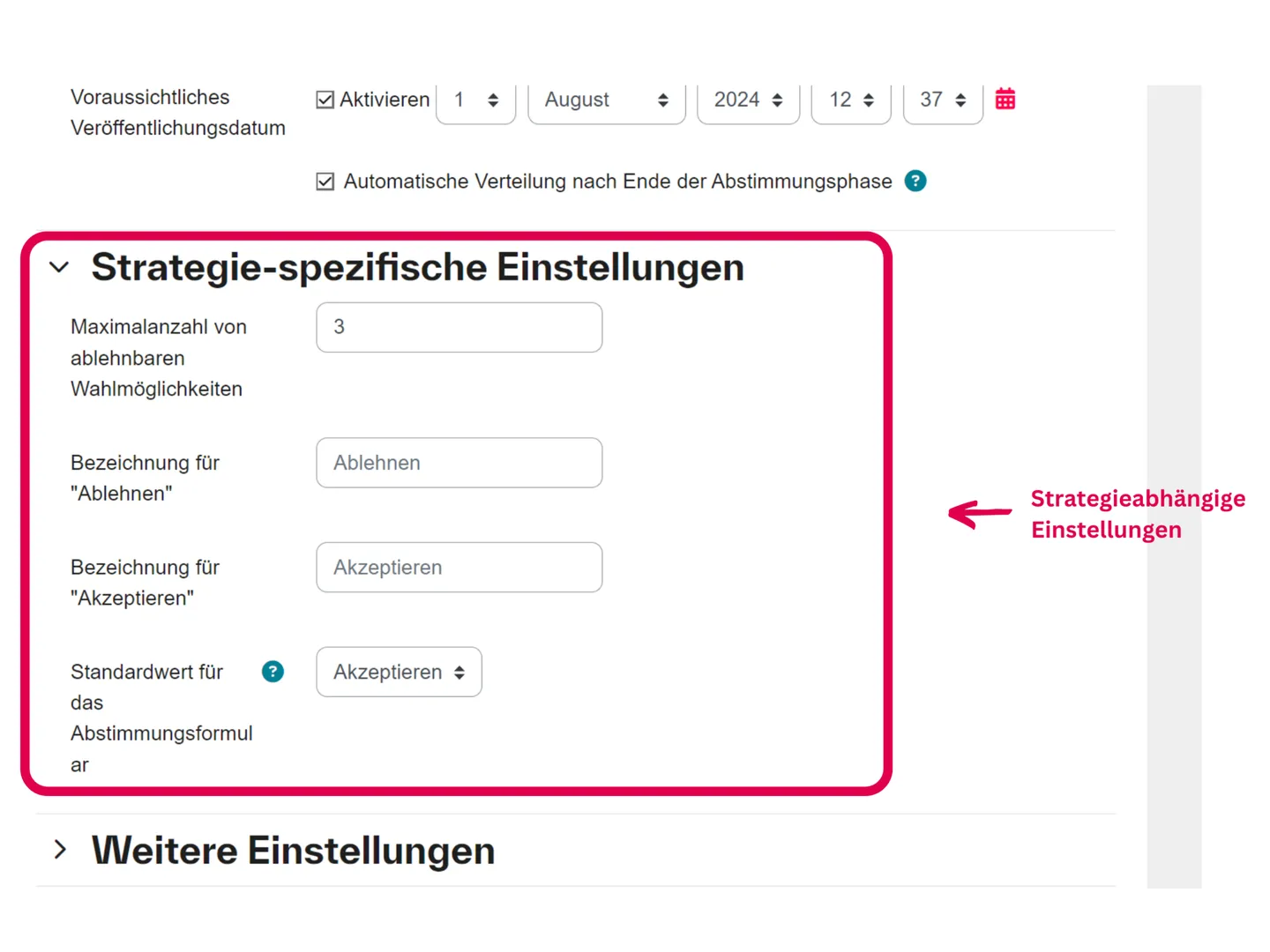 Screenshot der Strategieauswahl in der Moodle-Aktivität Gerechte Verteilung