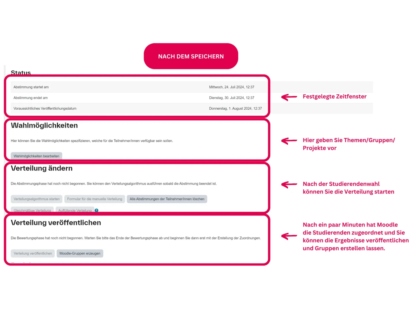 Screenshot des Verteilungsprozesses in der Moodle-Aktivität Gerechte Verteilung
