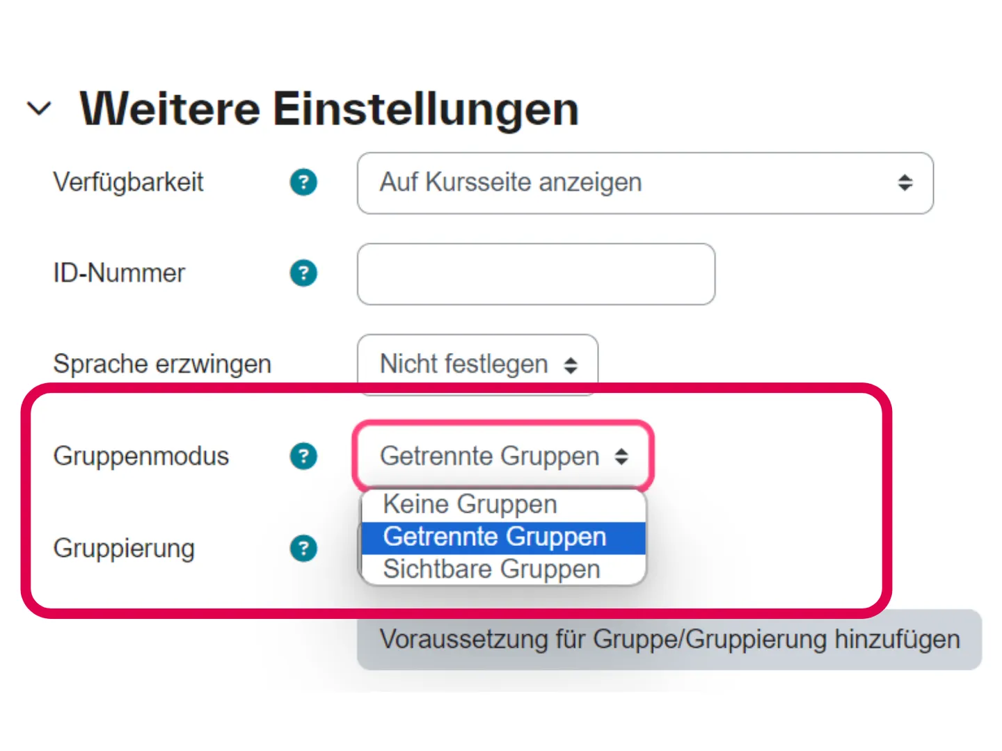 Screenshot der Moodle-Aktivitätseinstellungen mit der Auswahl des Gruppenmodus