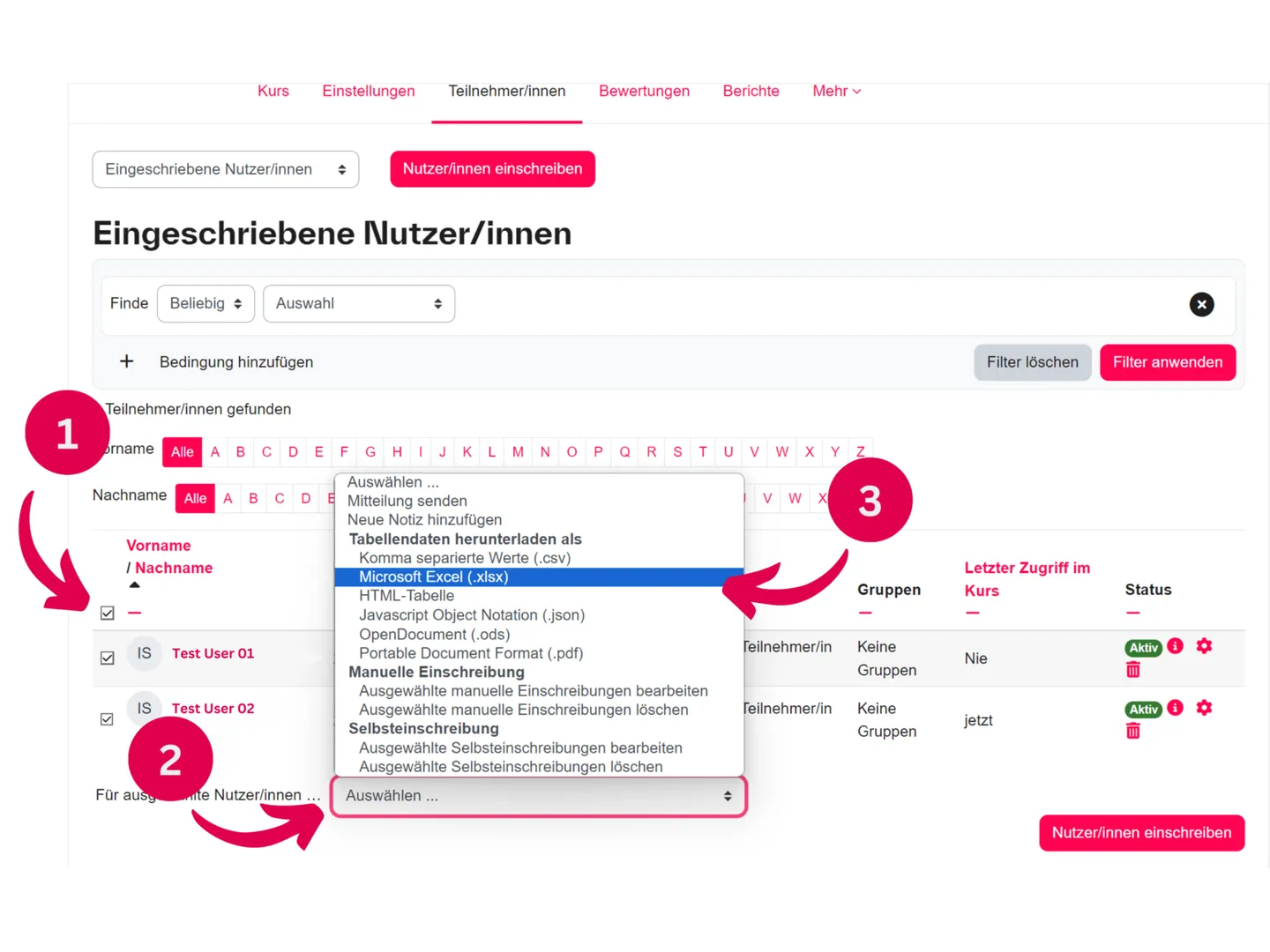 Screenshot der Moodle-Teilnehmendenliste mit markierter Checkbox für alle Einträge