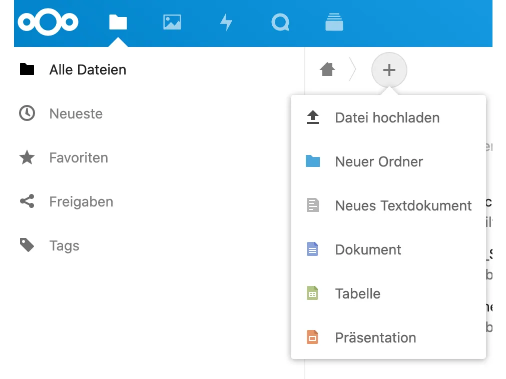 Screenshot der Nextcloud-Dateiansicht mit dem Plus-Symbol zum Anlegen von Ordnern und Hochladen von Dateien