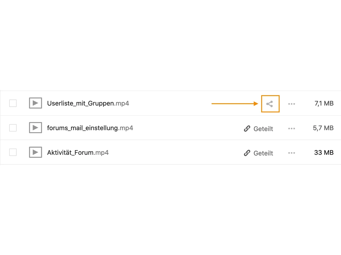Screenshot der Nextcloud: Teilen-Symbol in der Zeile eines Videos