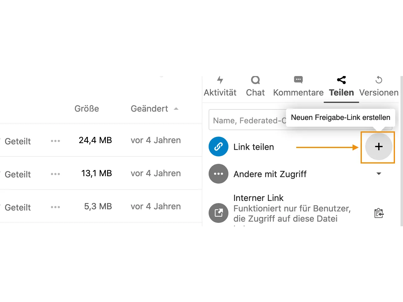 Screenshot der Nextcloud: Plus-Symbol zum Erstellen eines Freigabelinks