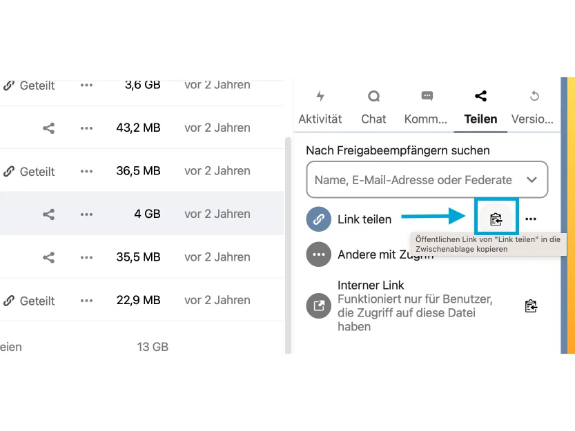 Screenshot der Nextcloud: Klemmbrett-Symbol zum Kopieren des Links in die Zwischenablage