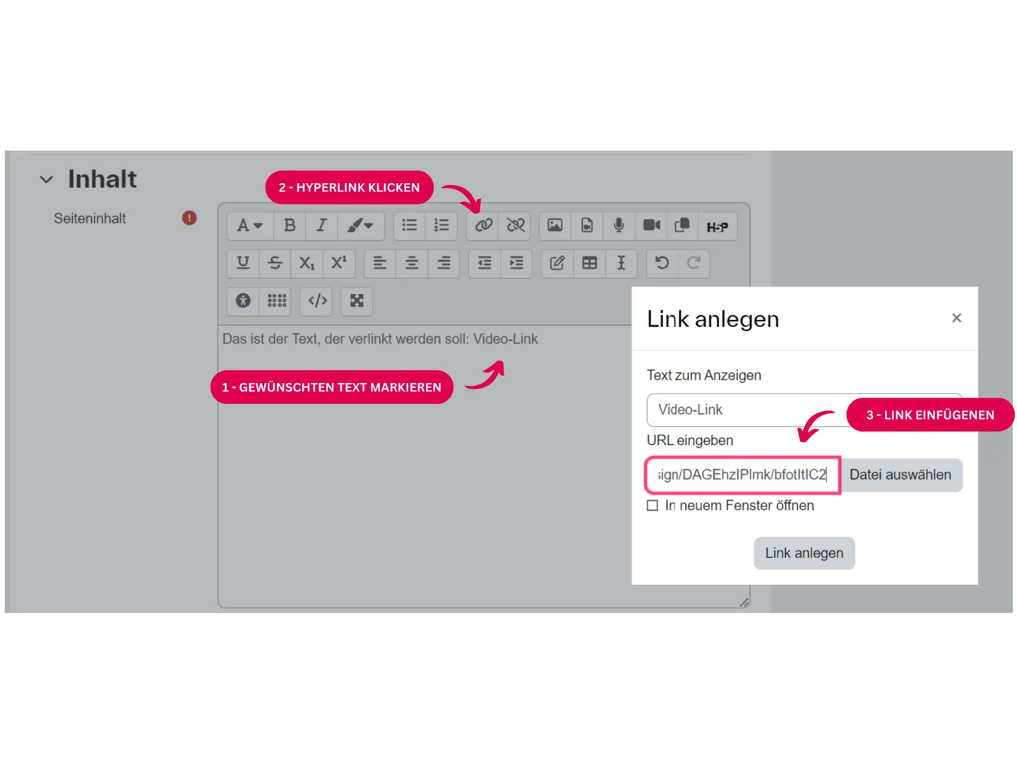 Screenshot des Moodle-Texteditors: eingefügter Text wird als Link markiert