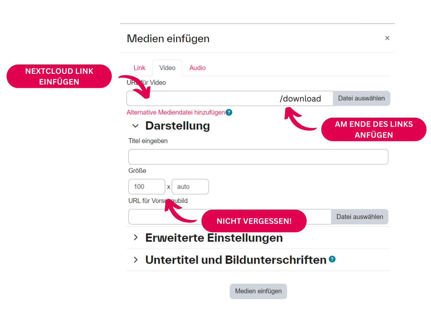 Screenshot des Moodle-Editors: Einstellungen zur Darstellungsgröße des Videos