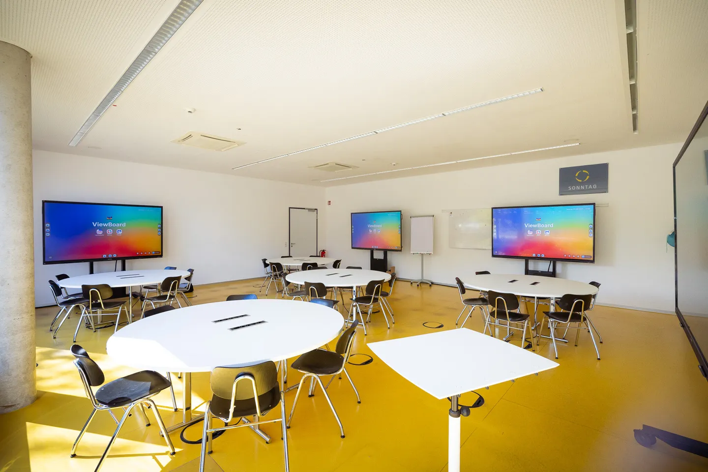 SCALE-UP-Raum W1.01 mit runden Tischen und mehreren Bildschirmen