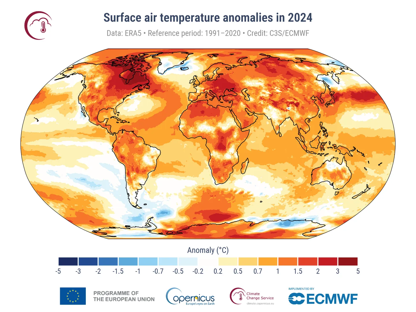 Anomalie der Oberflächentemperatur 2024 im Vergleich zum Durchschnitt des Referenz-Zeitraums 1991–2020. Data: ERA5. Credit: C3S / ECMWF. https://climate.copernicus.eu/copernicus-2024-first-year-exceed-15degc-above-pre-industrial-level