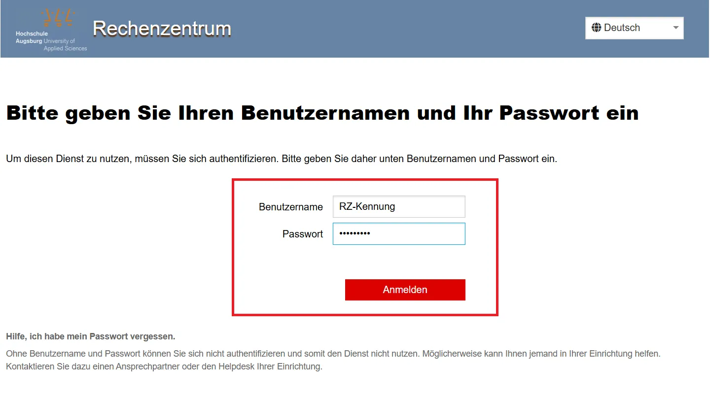 Screenshot der Anmeldung mit der RZ-Benutzerkennung der Technischen Hochschule Augsburg