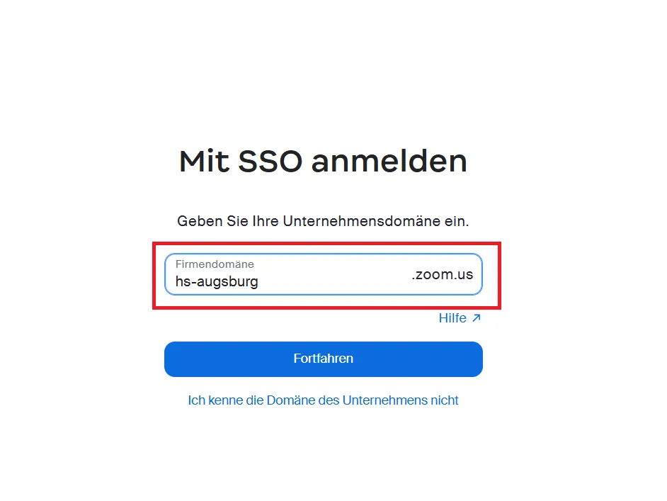 Screenshot der Zoom-Anmeldemaske an der Technischen Hochschule Augsburg