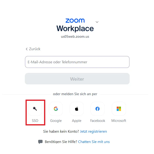 Screenshot der Zoom-Anmeldung per Single Sign-on an der Technischen Hochschule Augsburg