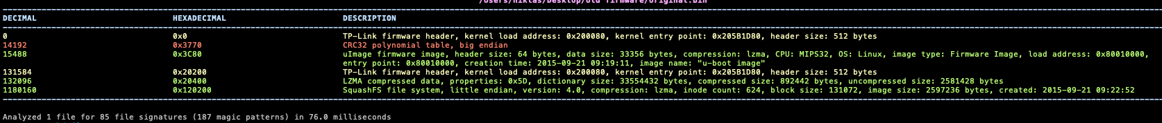 Binwalk-Ausgabe alte Firmware