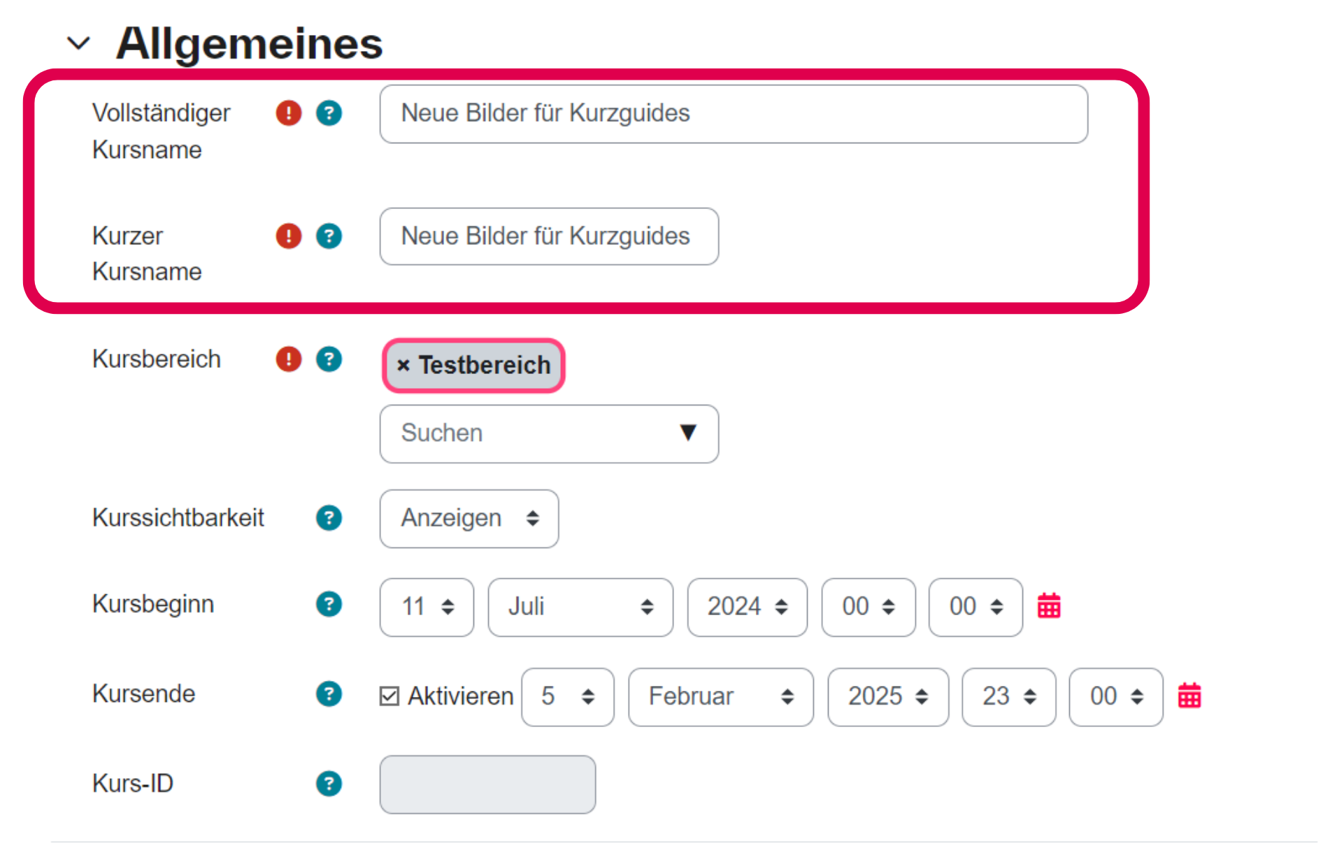 Kurserstellung Grundeinstellungen