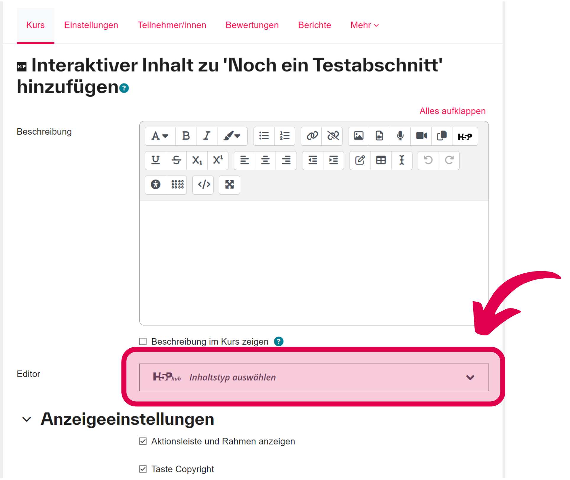 Kurserstellung Grundeinstellungen
