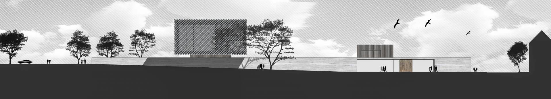 Ansicht von Westen (Haunstetter Straße) mit der Basis "Blue Collar - Offene Werkstätten", dem großen Aufbau "White Collar Co-Working" und dem Restaurant-Aufbau. (Abb.: Stefan Schröder)