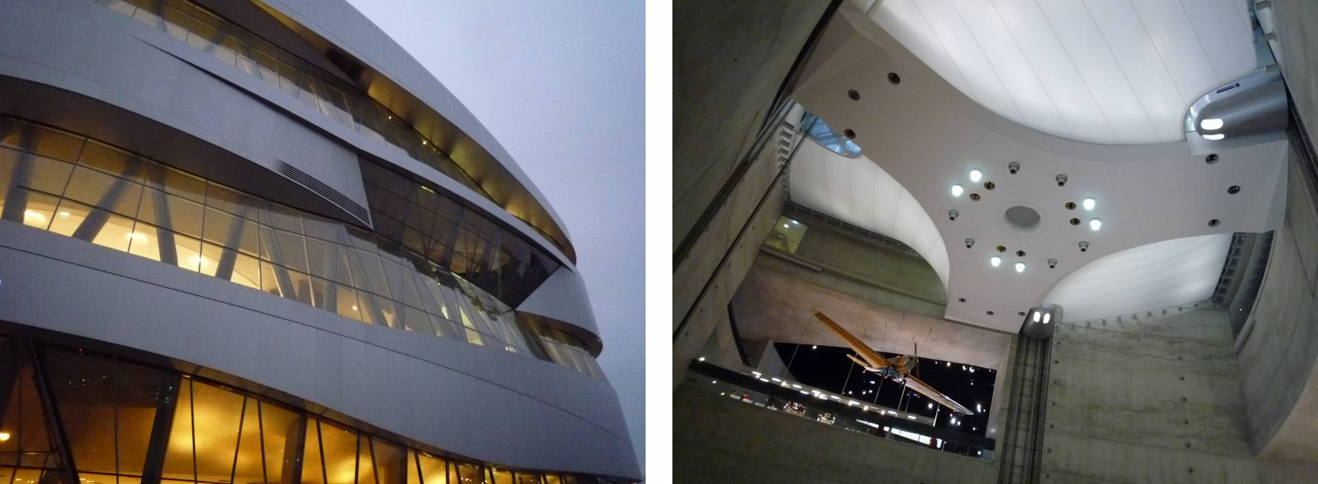Komplexe Geometrien an der Fassade, textile Lichtdecke als „Himmel“ im Atrium (Fotos: J. Müller)