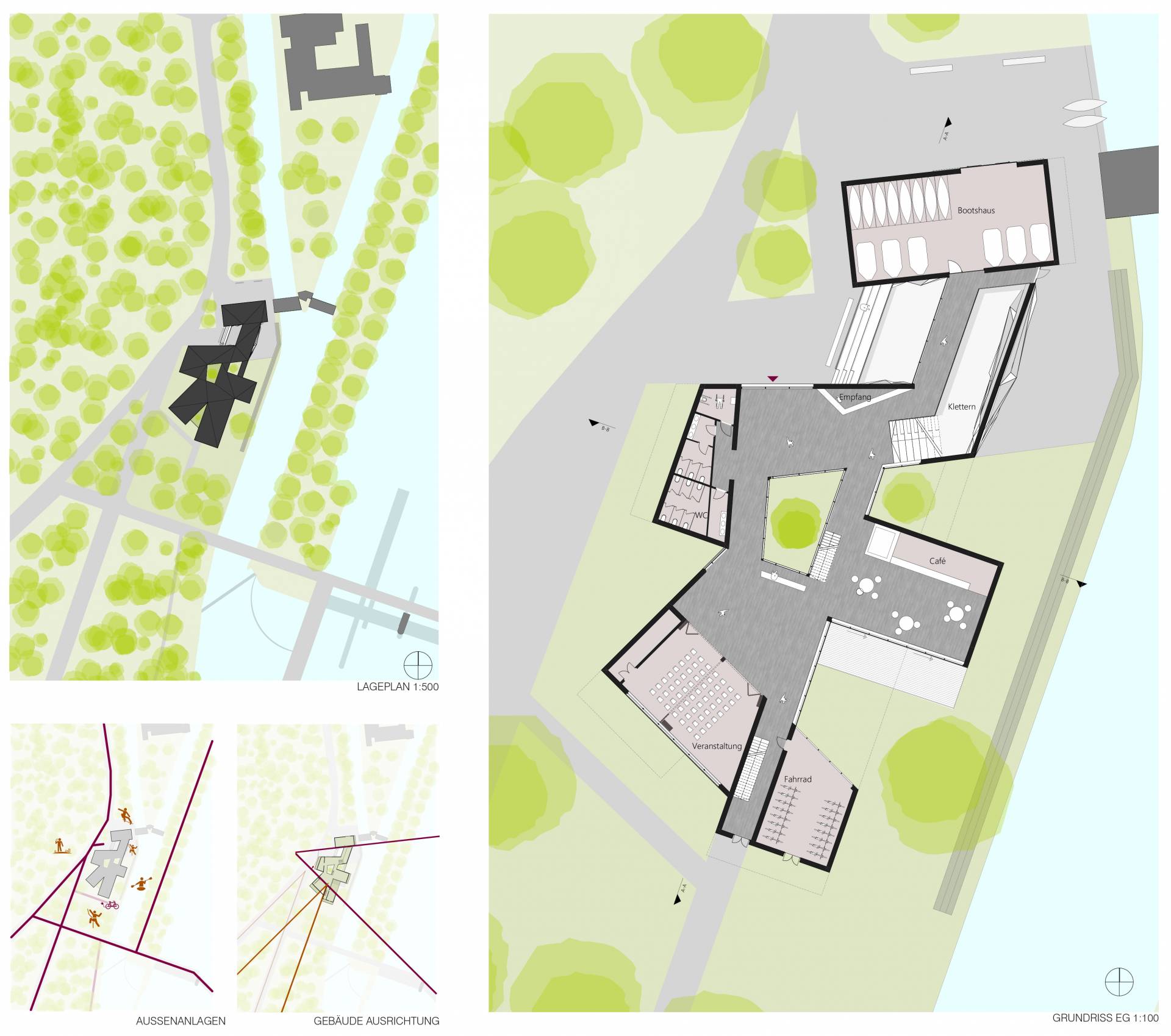 Lageplan, Verzahnung mit dem Ort und Grundriss Erdgeschoss (Alle Abb.: Sebastian Graf) Lageplan, Verzahnung mit dem Ort und Grundriss Erdgeschoss (Alle Abb.: Sebastian Graf)