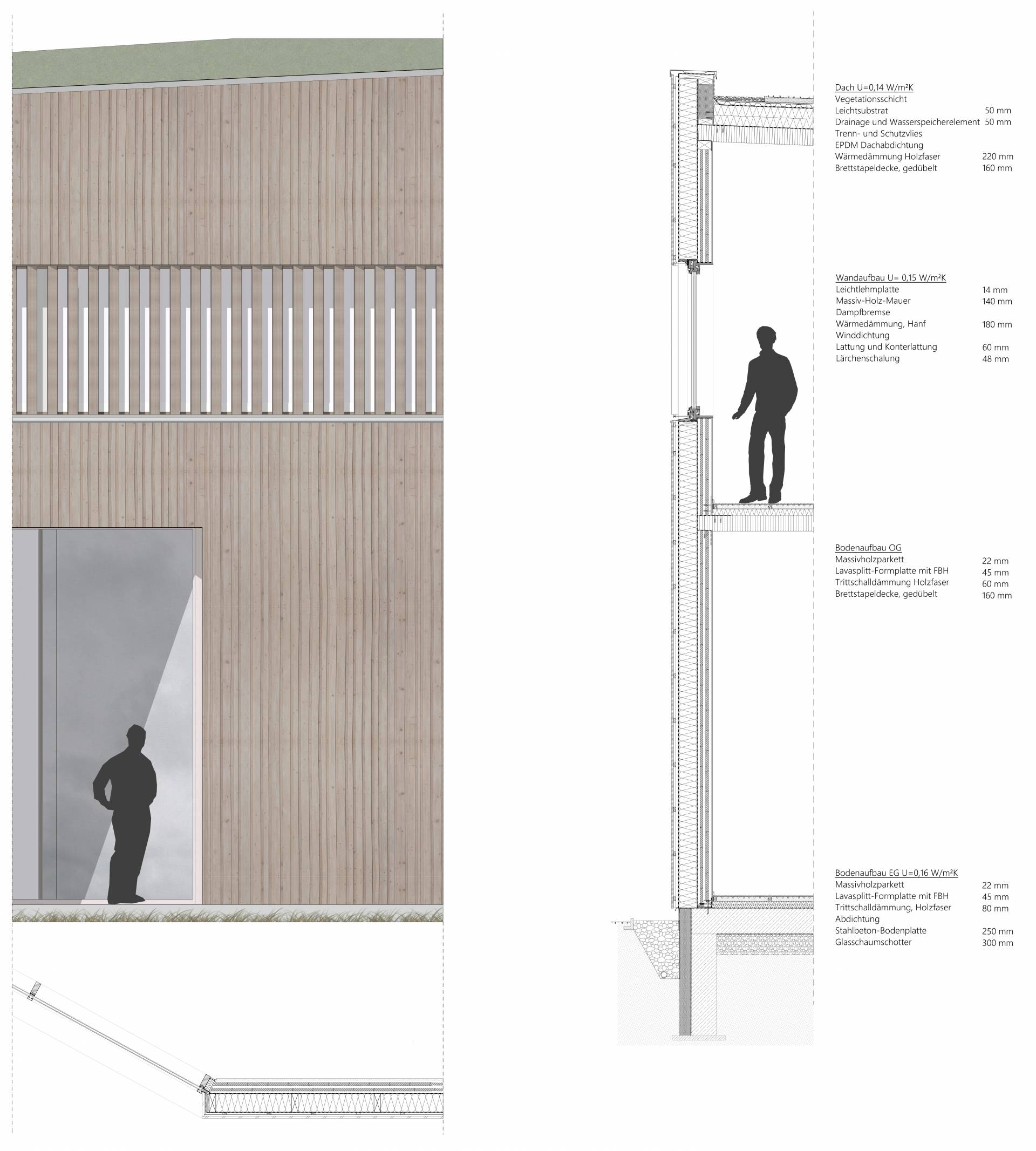 Fassadendetail in Ansicht, Schnitt und Grundriss Fassadendetail in Ansicht, Schnitt und Grundriss