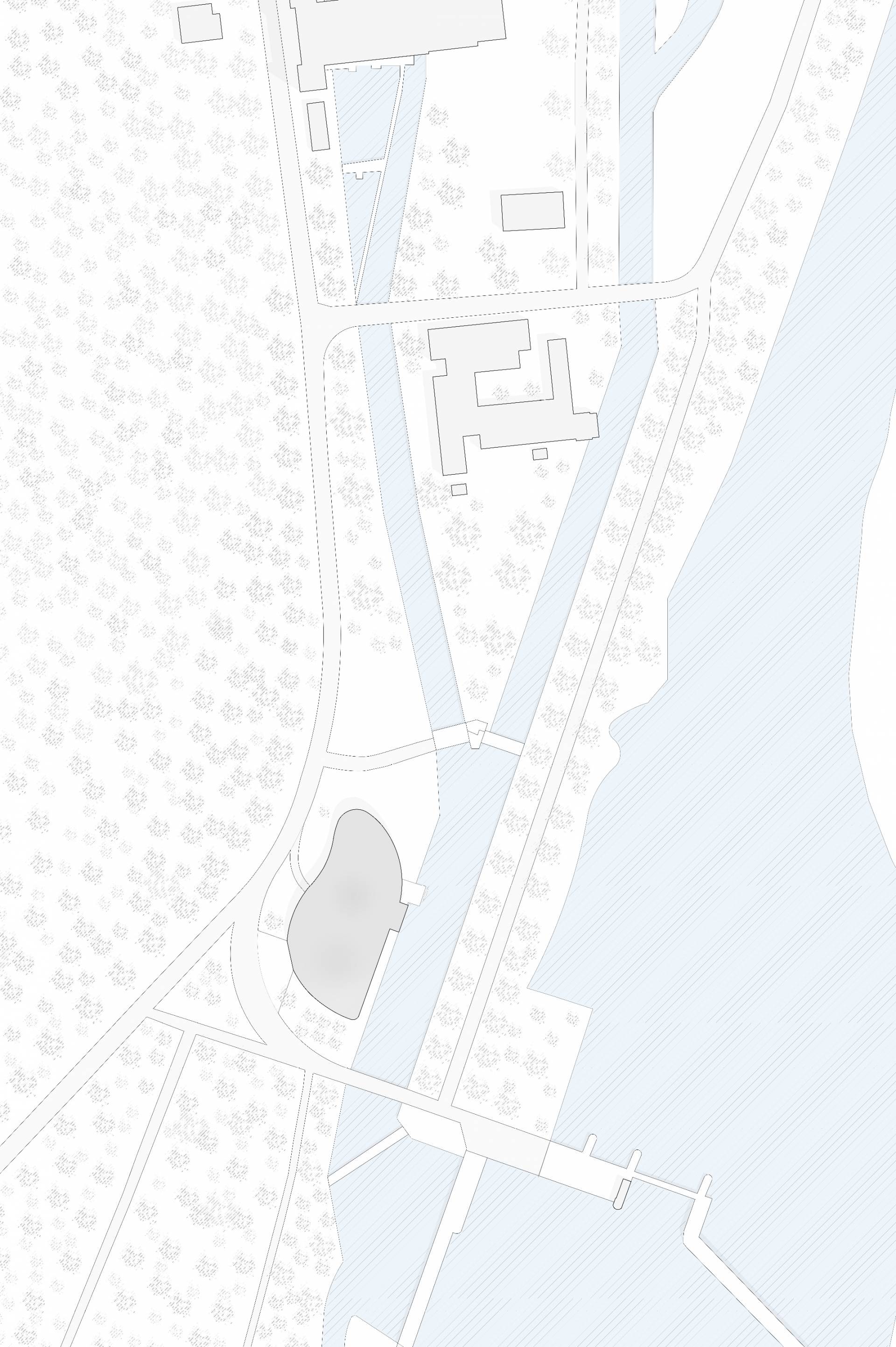 Lage des Gebäudes zwischen Siebentischwald (Westen), Kanustrecke Eiskanal (Nordosten) und Lech (Osten) im Schnittpunkt verschiedener Wegeführungen Lage des Gebäudes zwischen Siebentischwald (Westen), Kanustrecke Eiskanal (Nordosten) und Lech (Osten) im Schnittpunkt verschiedener Wegeführungen