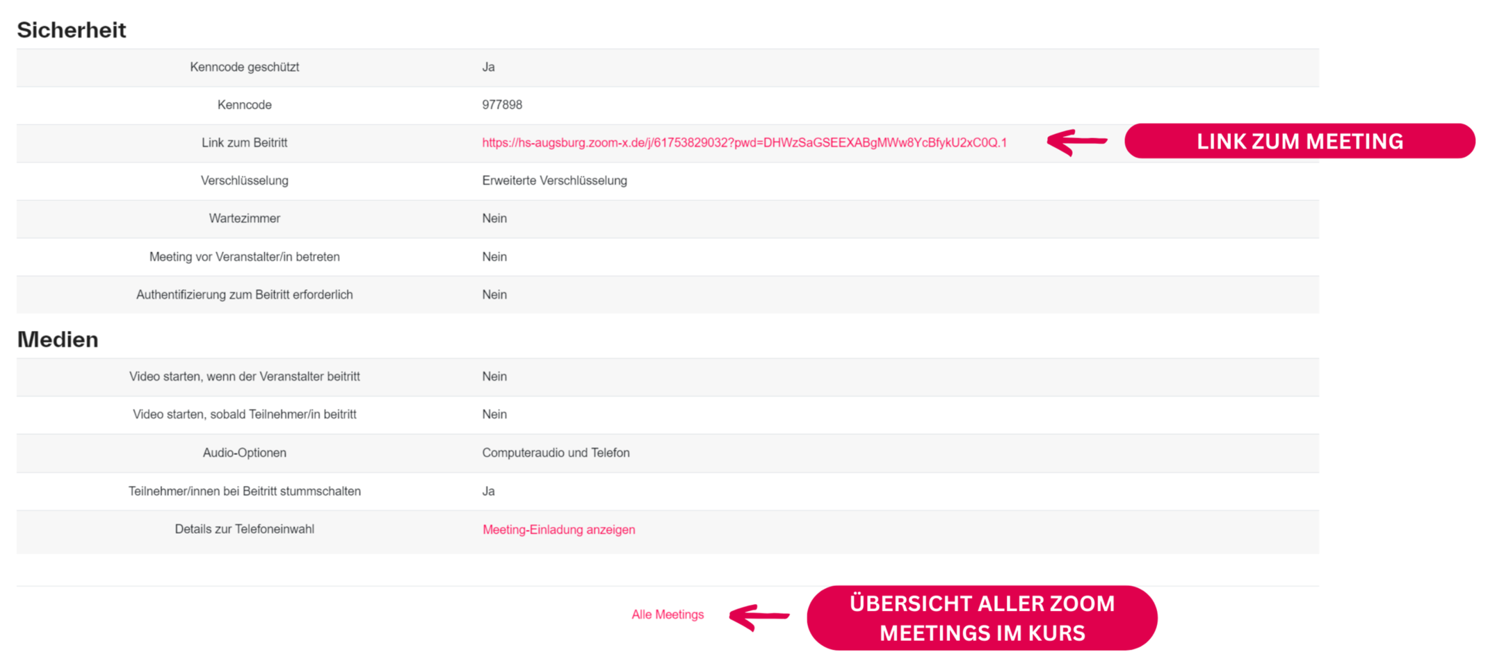 Liste aller Meetings