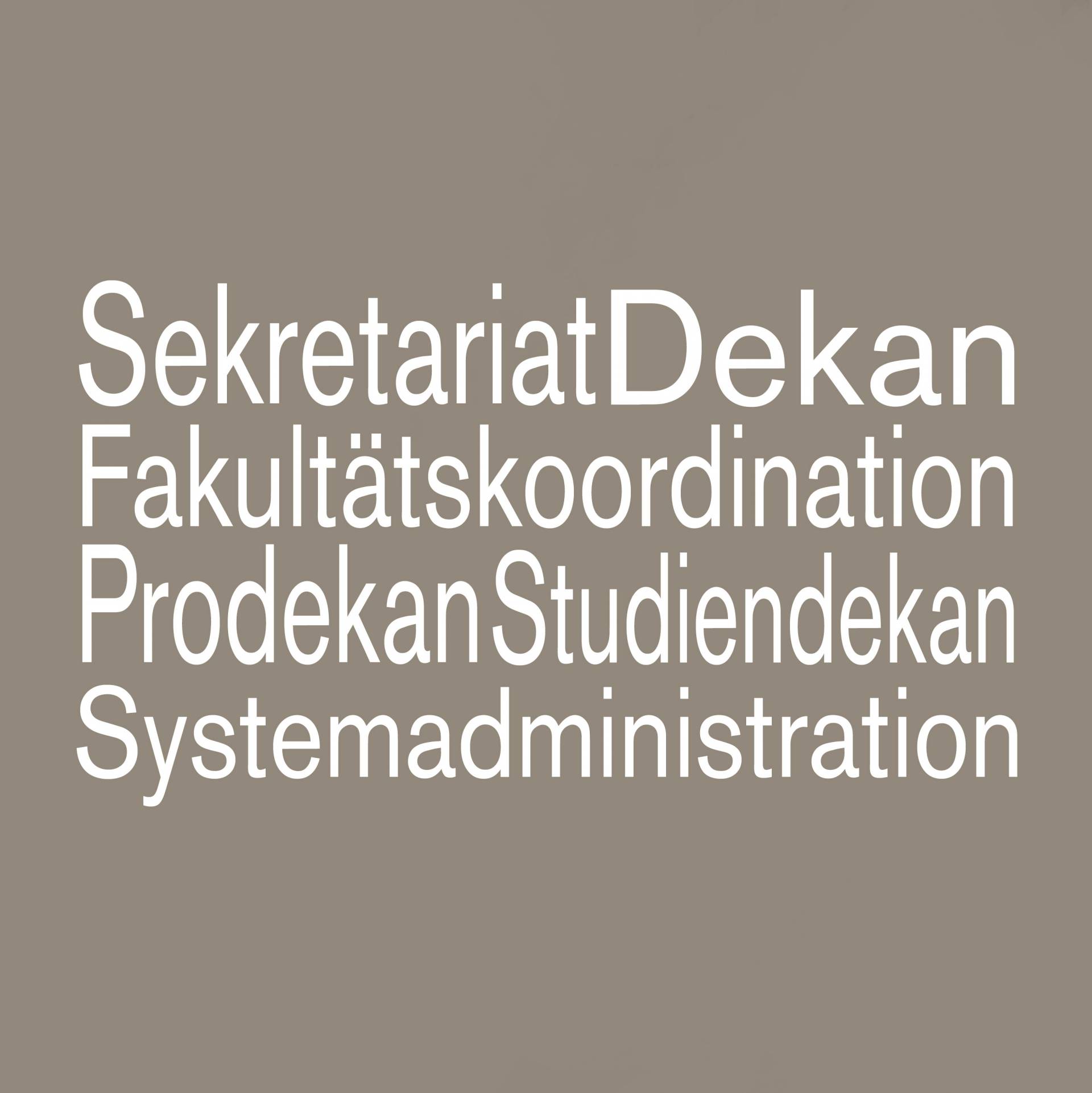 Grauer Untergrund mit weißer Schrift: Sekretariat Dekan Fakultätskoordination Prodekan Studiendekan Systemadministration