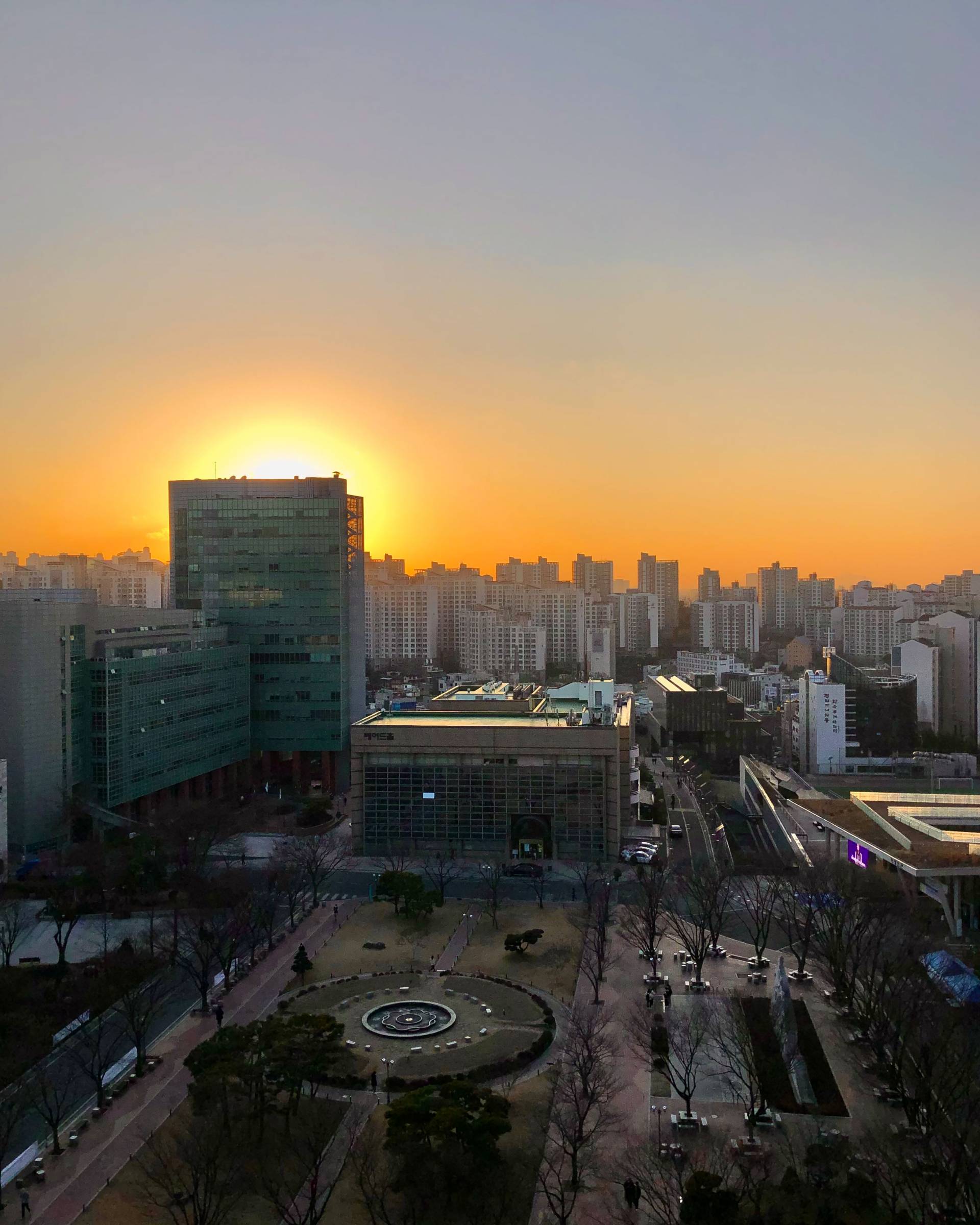 Sonnenuntergang vom Dach der Bibliothek mit Blick auf den Campus