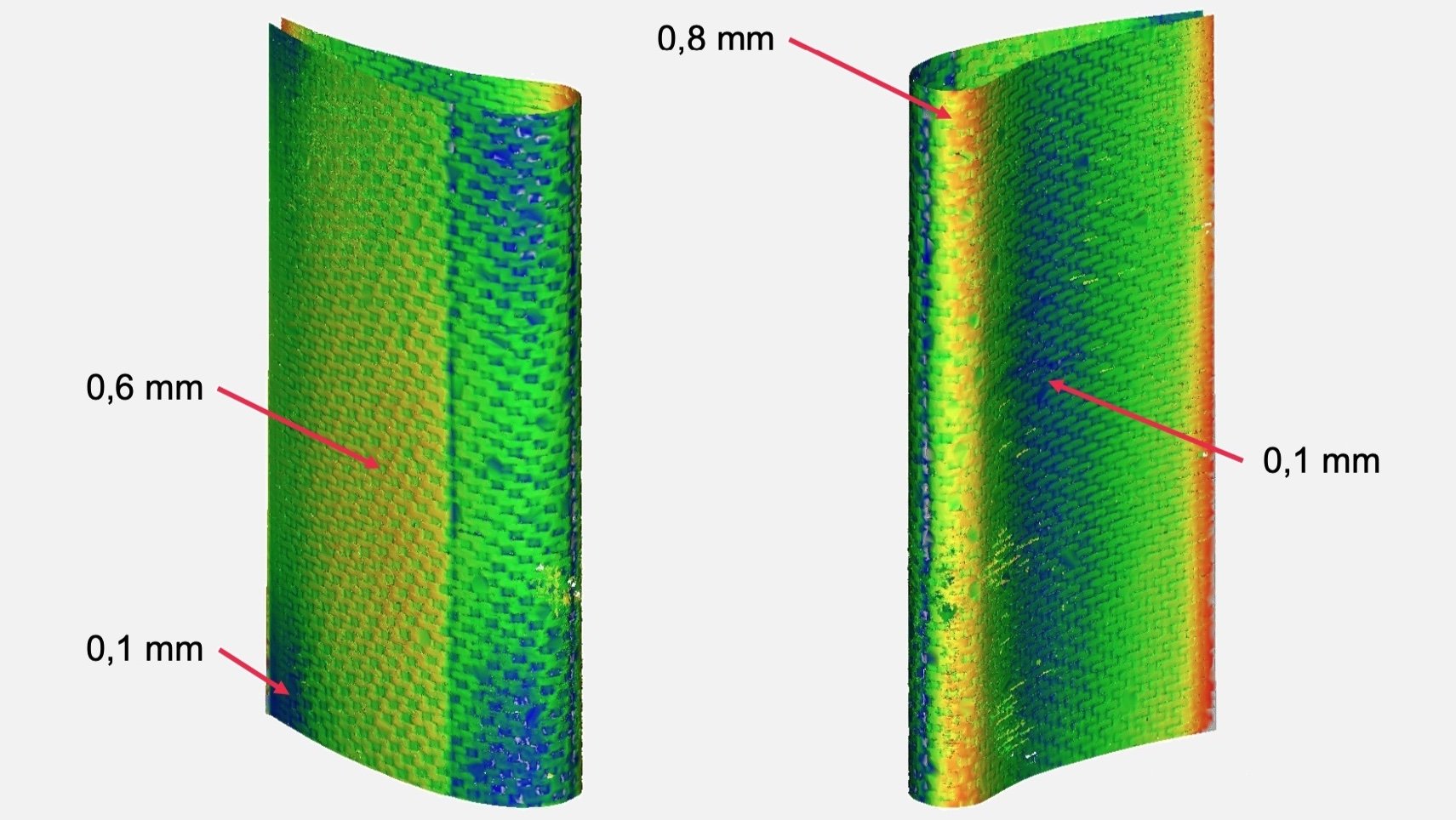 3D-Rohteilscan einer Turbinenschaufel mit farblicher Darstellung des Bearbeitungsaufmaßes für die Endbearbeitung