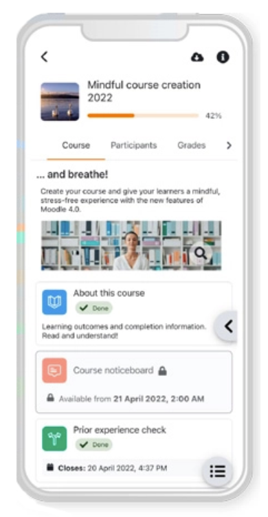 Vorschau Moodle 4 auf Mobilgerät. Übersichtlicheres Design