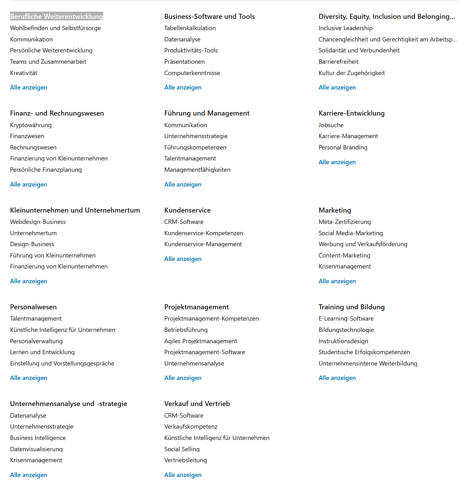 LinkedIn Learning offer overview (in German) in the subject area “Business” LinkedIn Learning offer overview (in German) in the subject area “Business”