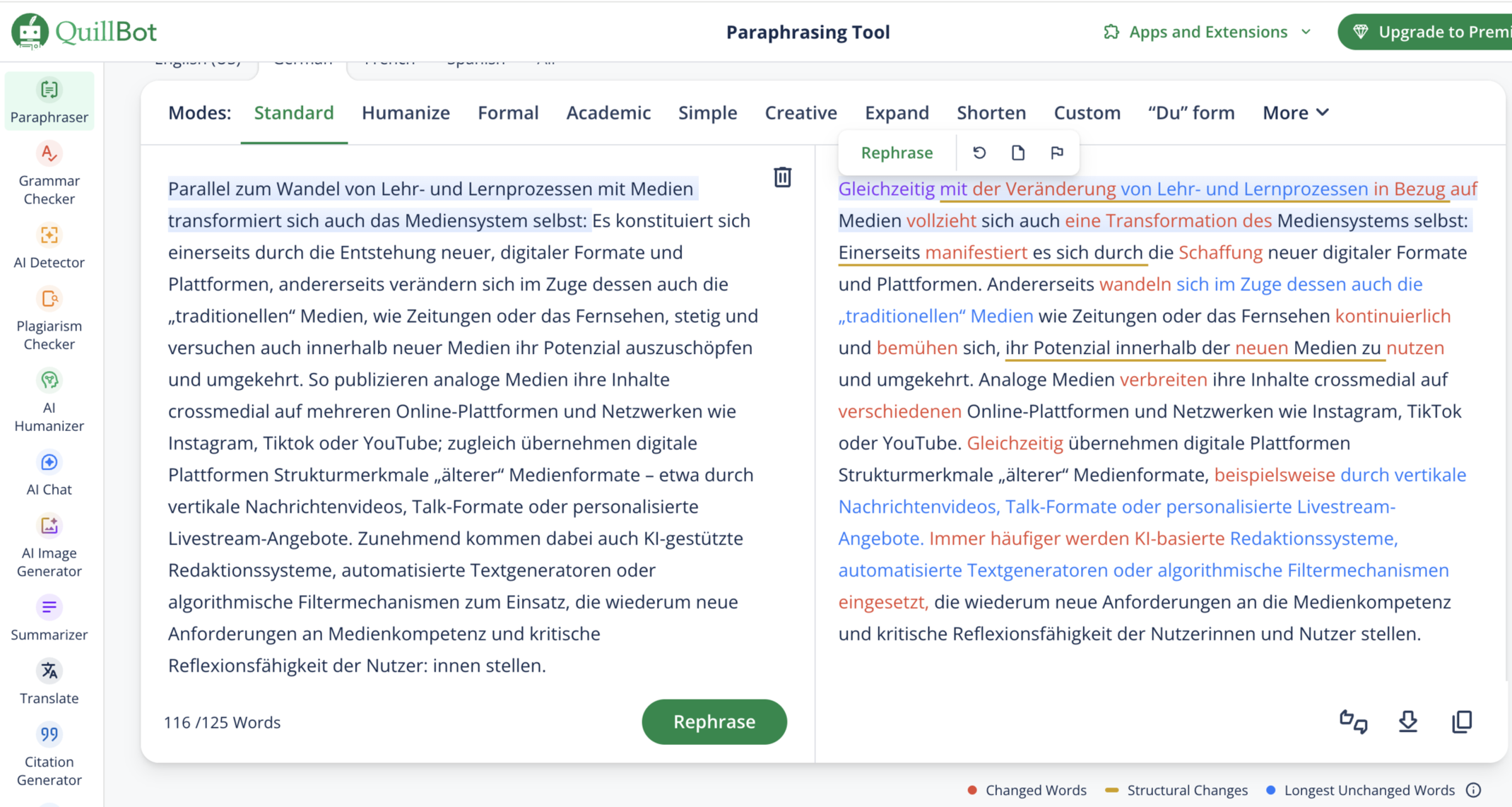 Beispiel für die Rephrasing-Funktion