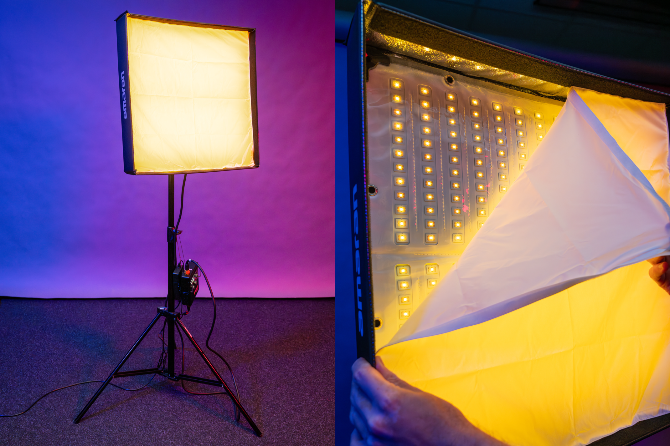 Das Amaran F22c mit aufgespannter Softbox und Stativ