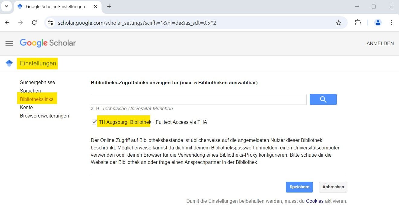 Google Scholar Einstellungen: Bibliothekslinks Google Scholar Einstellungen: Bibliothekslinks