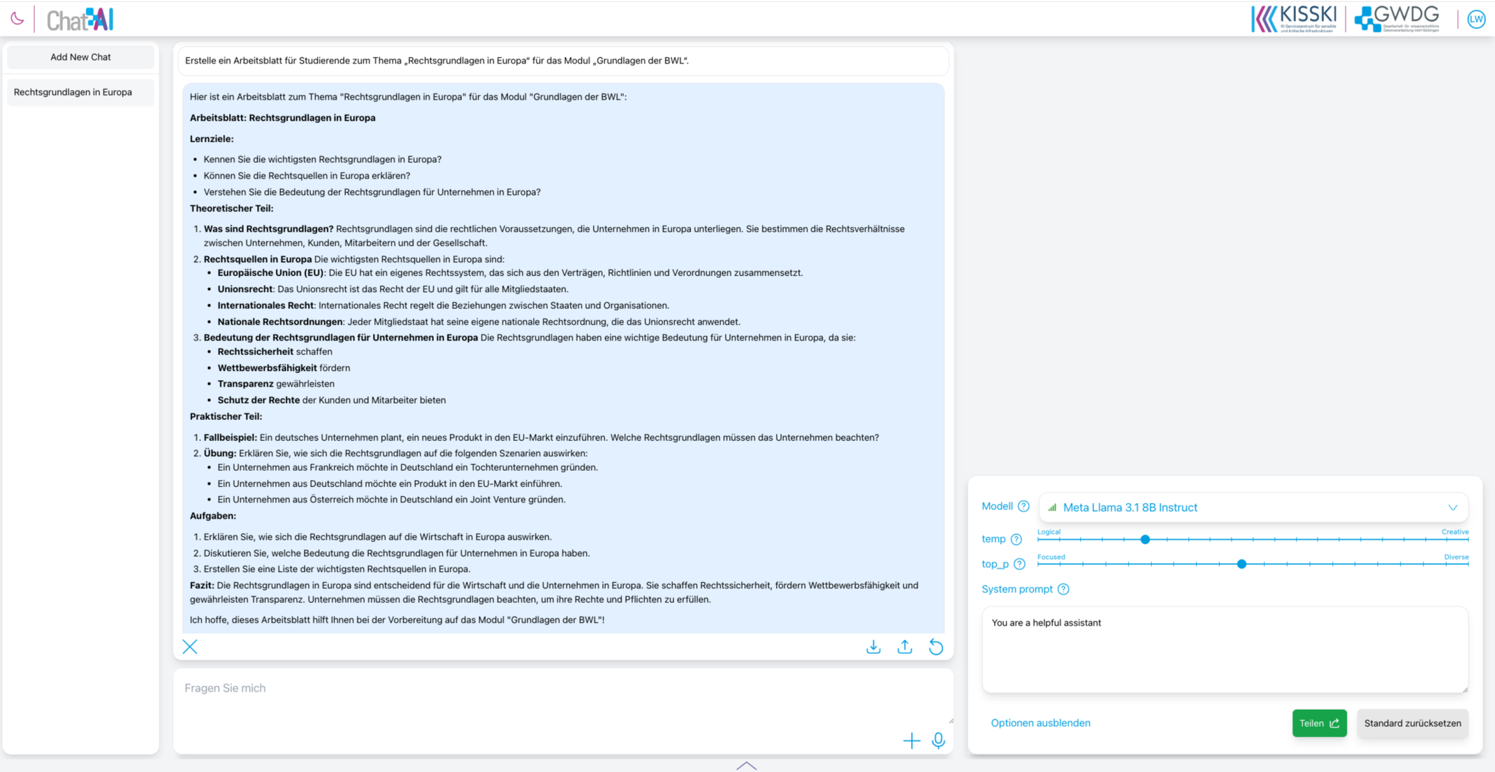 Beispiel-Arbeitsblatt von Chat AI