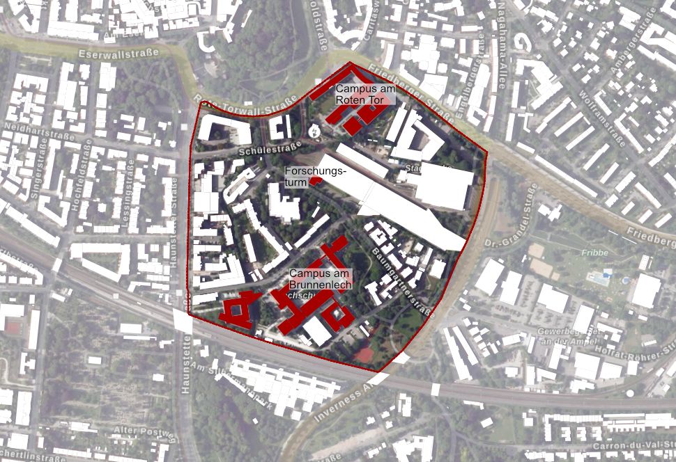 Die Karte stellt das Areal rund um die Baumgartnerstraße dar und zeigt die zentrale Lage des SWA-Turmes zwischen den beiden Hochschulcampus. Copyright: Marina Nieberle