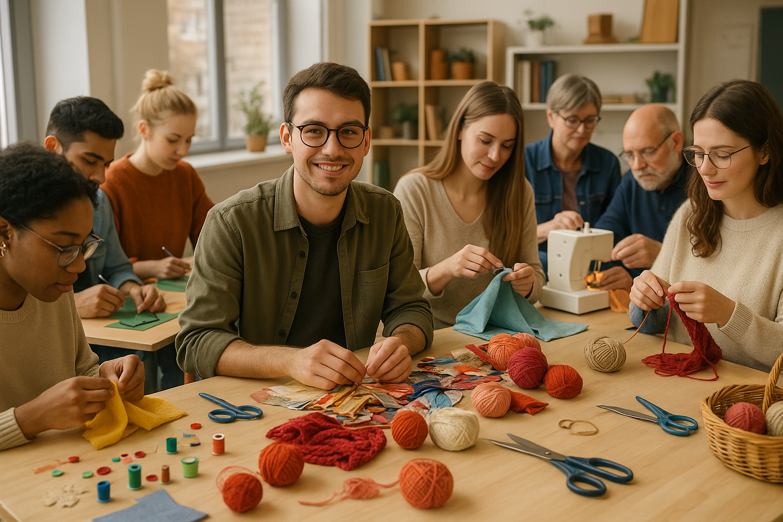 Gruppe von Personen, die gemeinsam an einem großen Tisch basteln, nähen und stricken.