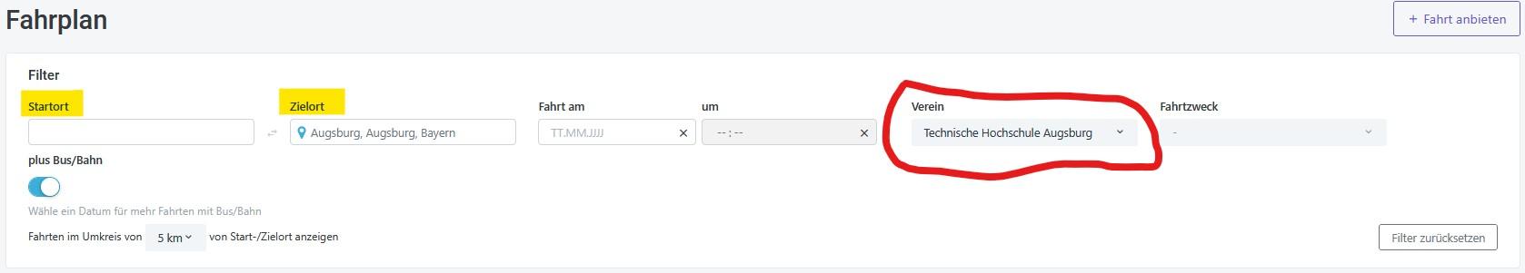 fahrmob: Fahrplanfilter Verein