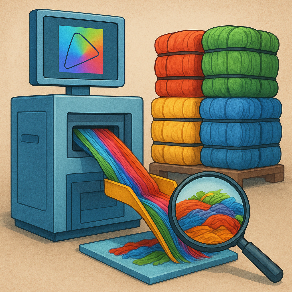 Im Projekt ColoSense wird im Recycling Atelier Augsburg ein innovatives Farbbestimmungssystem für den Textilrecyclingprozess entwickelt. Bild: generiert mit DALL·E (OpenAI)