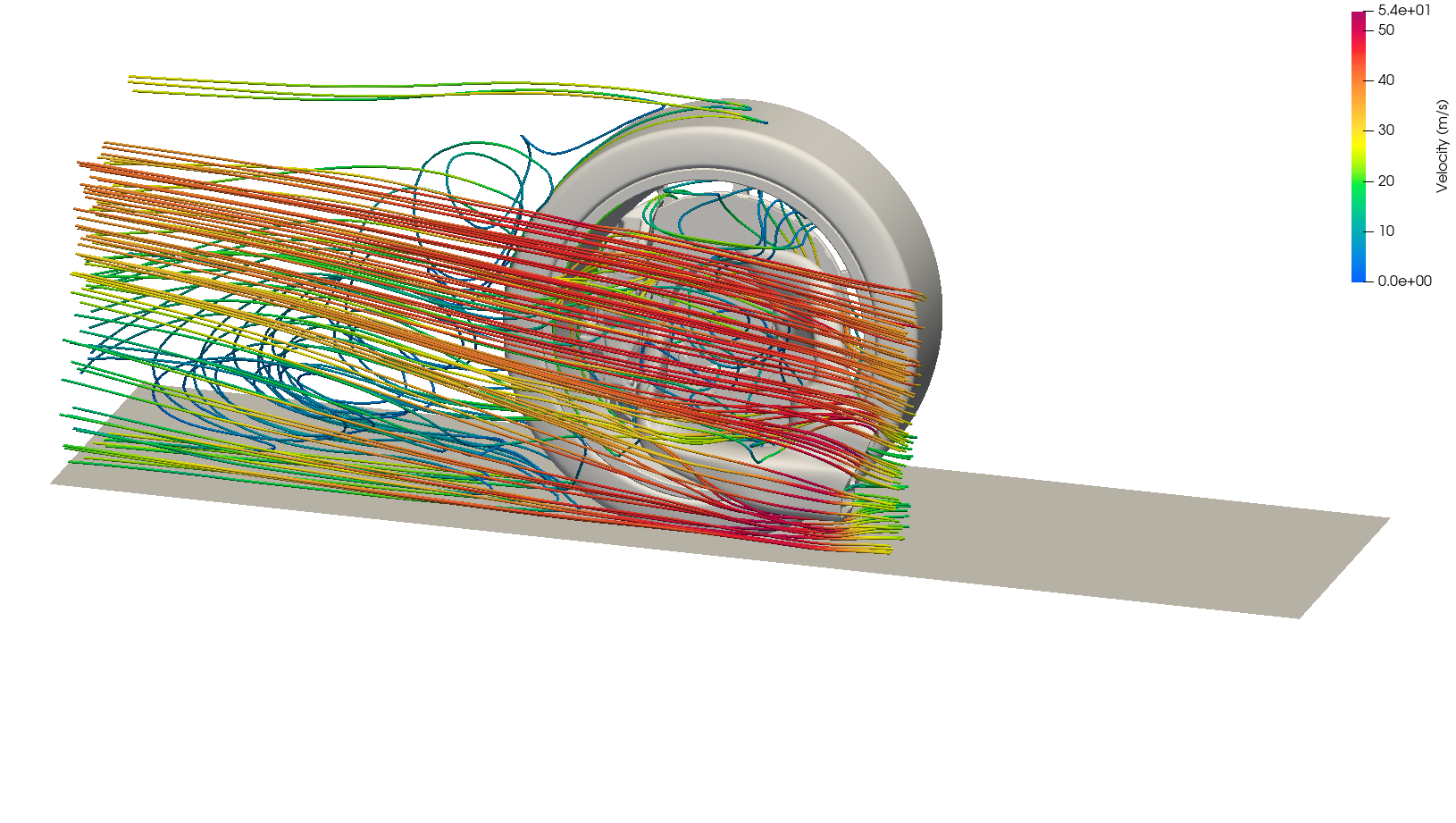 Zeichnung: Simulierter Radkasten mit Bremsenkühlung (Stromlinien Färbung nach Geschwindigkeit) - (Copyright: Nico Richter -THA)