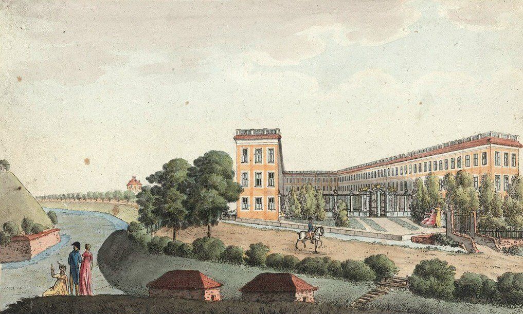 Joseph Ignaz Hörmann, Die Schüle'sche Kattunfabrik von der Hofseite Umrissradierung, koloriert, um 1810 © Kunstsammlungen & Museen Augsburg.