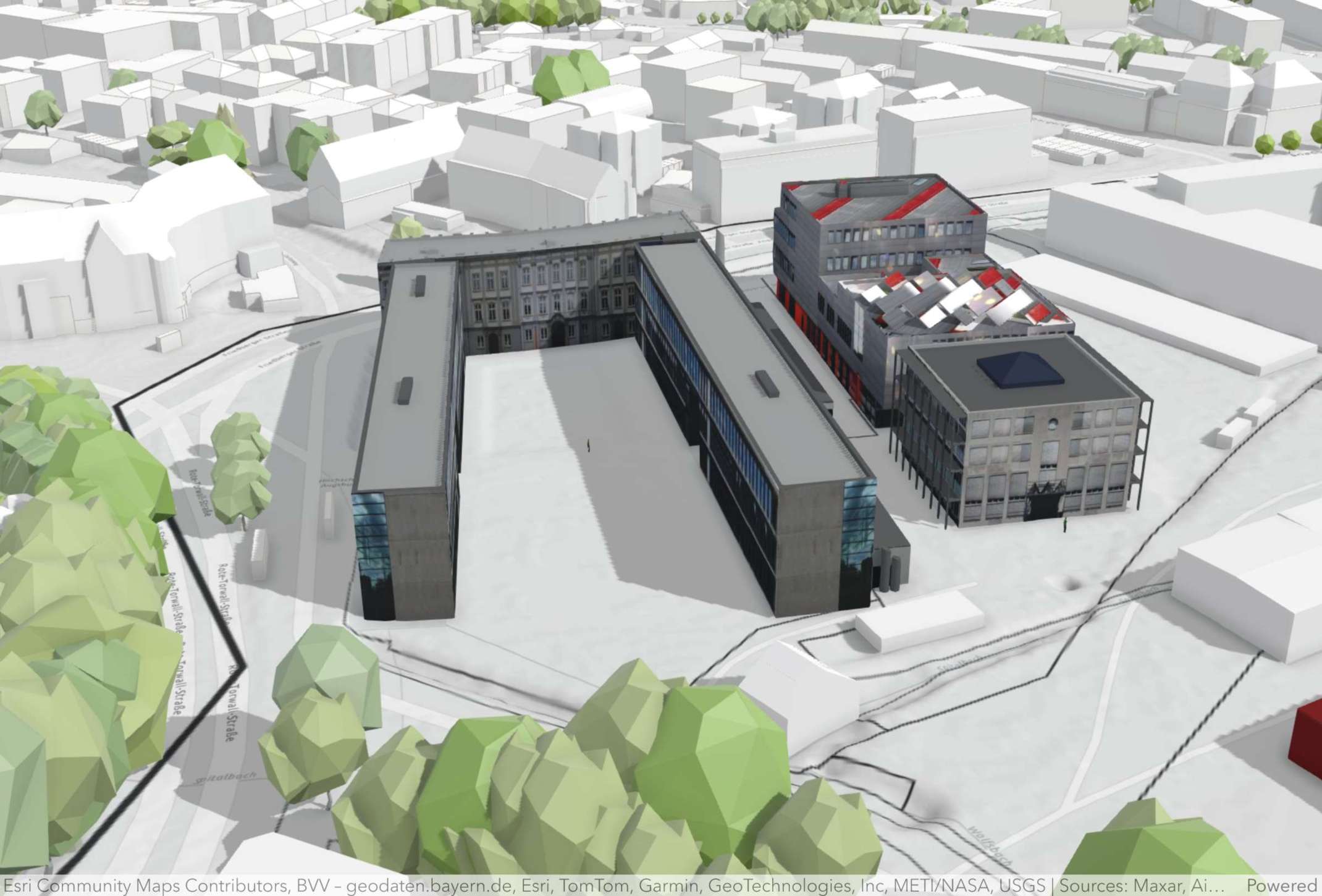 Digitales Modell des Innenhofs am Campus "Rotes Tor" der Technischen Hochschule Augsburg