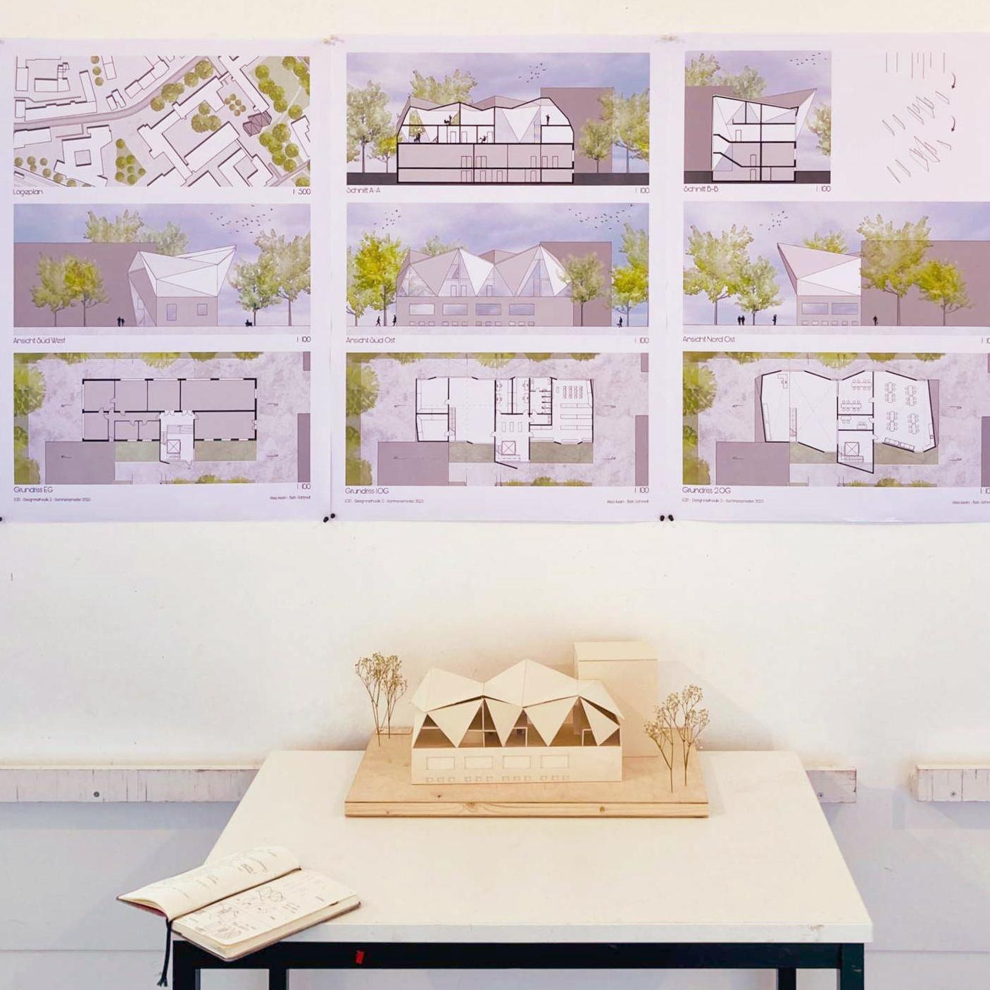 Entwurfspräsentation in Plänen mit digitalem Layout, Modell und Skizzenbuch (Alisa Asam)