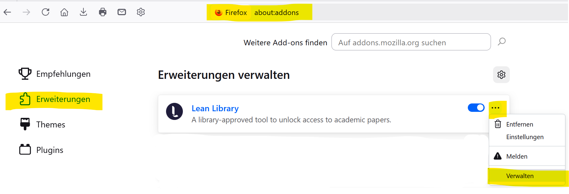 Erweiterungen in Firefox verwalten Erweiterungen in Firefox verwalten