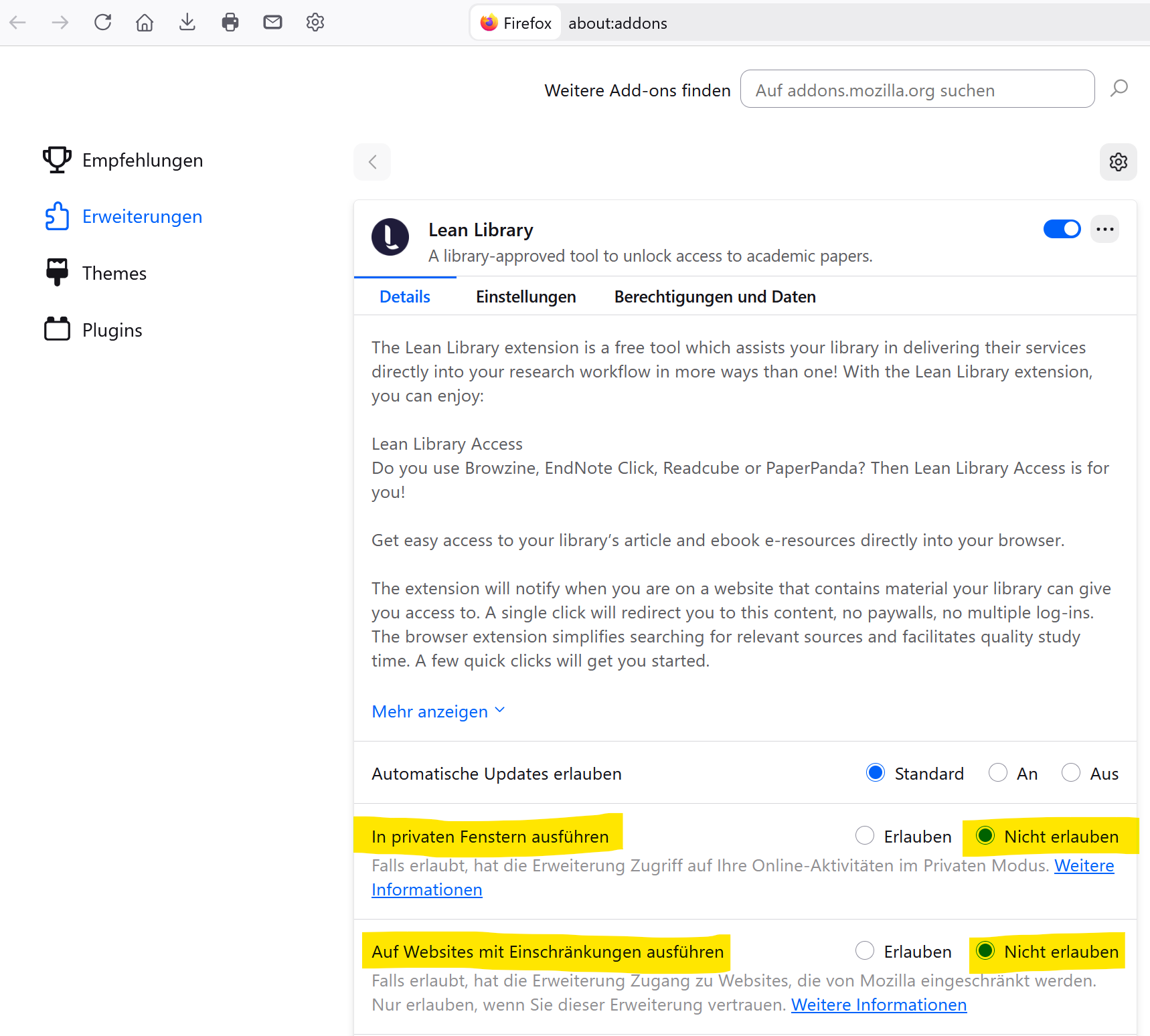Einstellungs-Tab "Details" Einstellungs-Tab "Details"