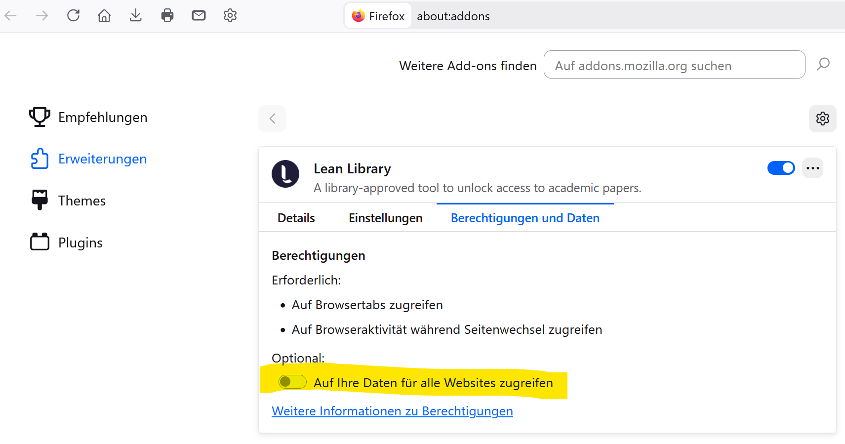 Einstellungs-Tab "Berechtigung und Daten" Einstellungs-Tab "Berechtigung und Daten"