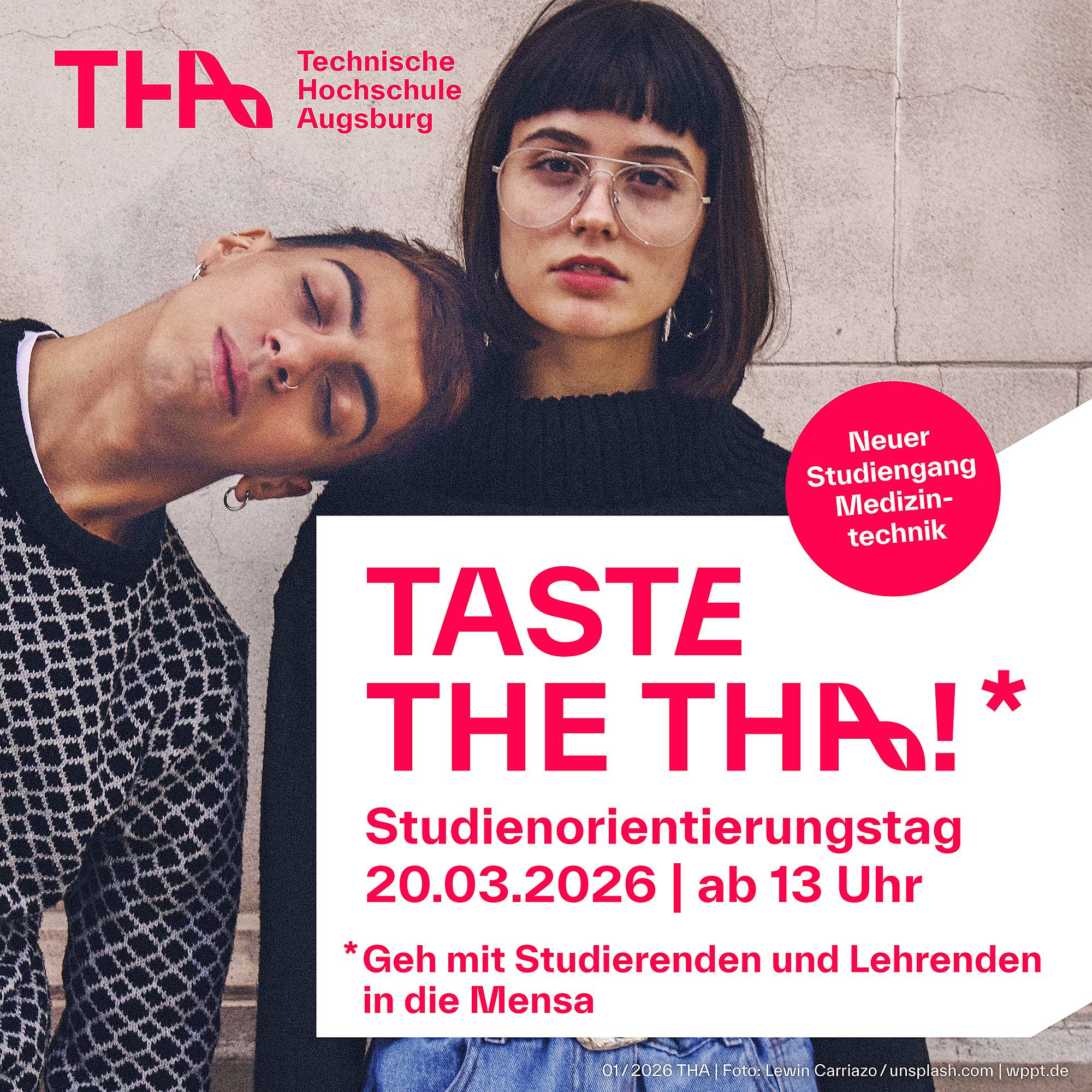 Taste the THA. Studiienorientierungstag am 20.03.2026. Junger Mann lehnt seinen Kopf auf die Schulter einer jungen Frau.