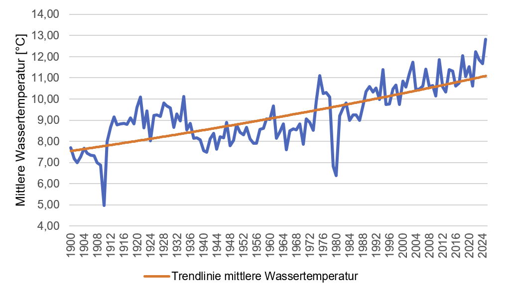 Entwicklung der mittleren Wassertemperatur des Lechs am Pegel Haunstetten im Zeitraum 1900–2024 Entwicklung der mittleren Wassertemperatur des Lechs am Pegel Haunstetten im Zeitraum 1900–2024