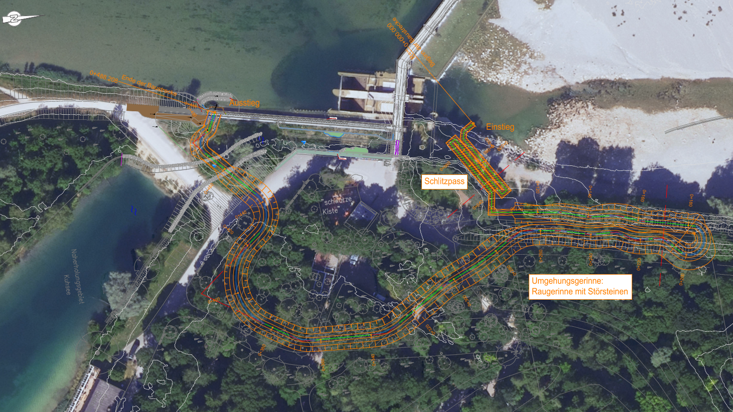 Ausschnitt Plan-Nr.V.PFW-25-LHP: Kombination Schlitzpass und Umgehungsgerinne Variante 4.2 Ausschnitt Plan-Nr.V.PFW-25-LHP: Kombination Schlitzpass und Umgehungsgerinne Variante 4.2