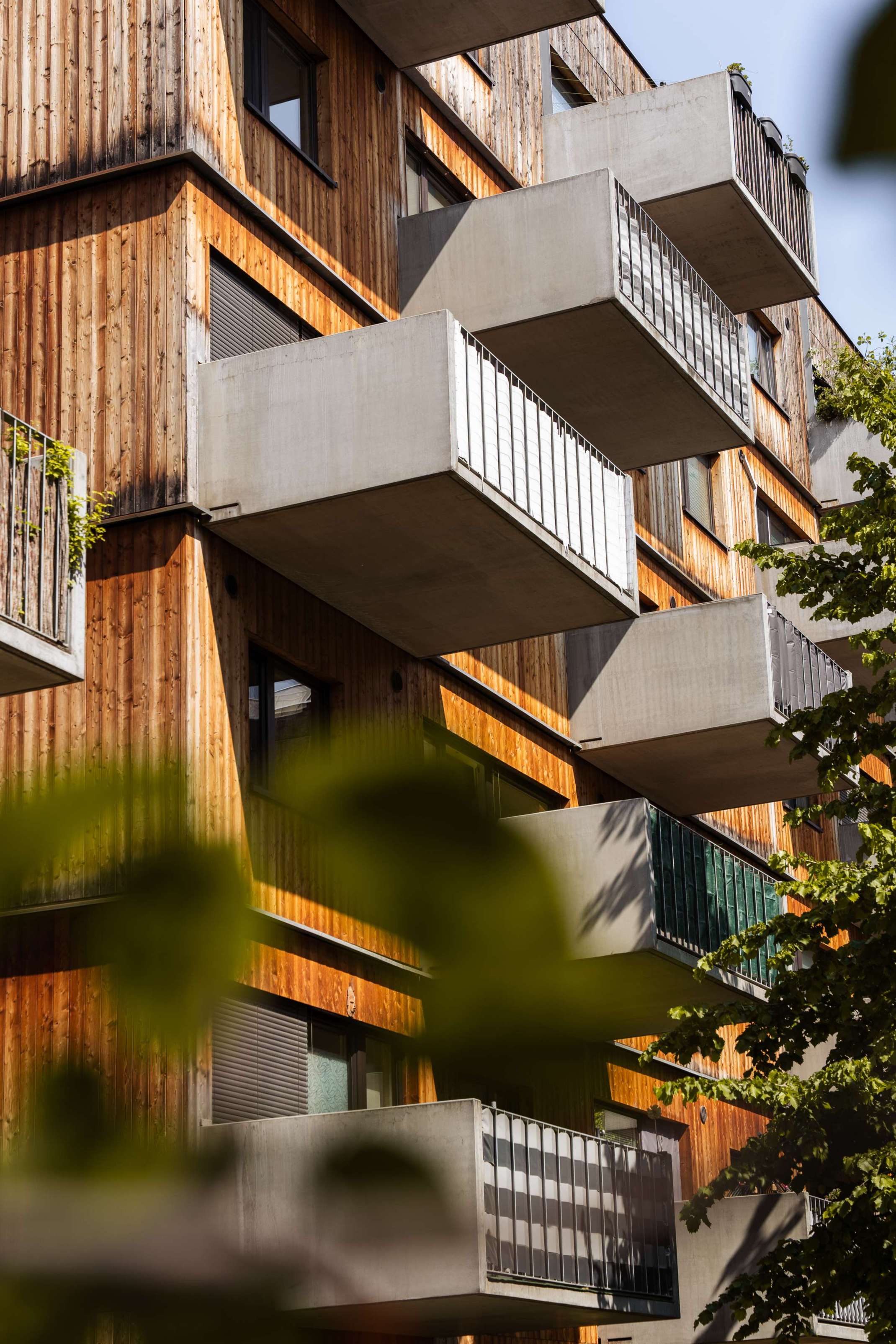 Besichtigung Holz-Hybrid-Bau D 12 von querkraft Architekten in der Seestadt Aspern - Detail Balkone. Foto: Lukas Malz. Besichtigung Holz-Hybrid-Bau D 12 von querkraft Architekten in der Seestadt Aspern - Detail Balkone. Foto: Lukas Malz.